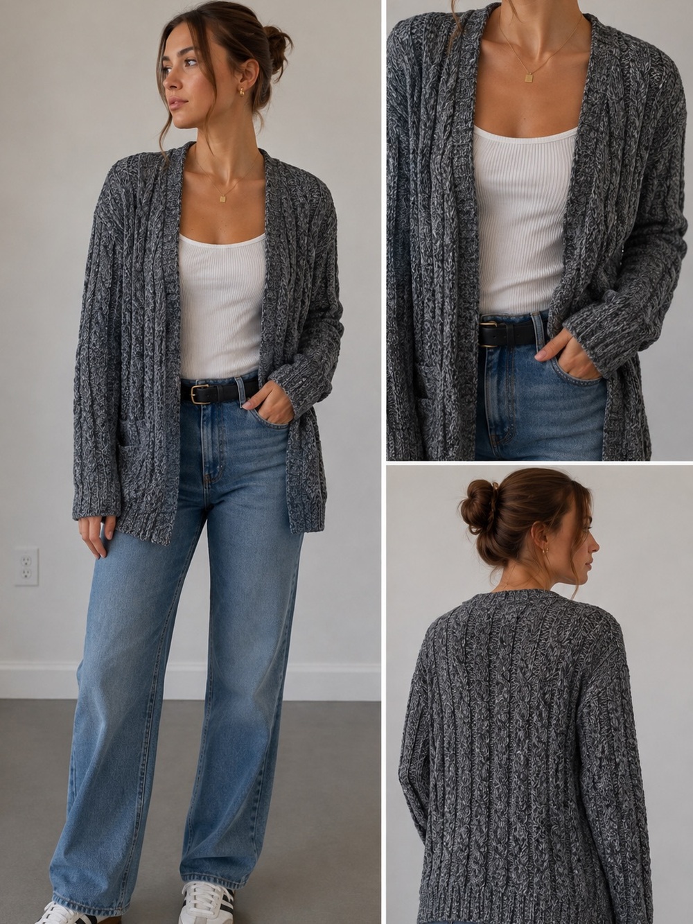 St. John’s Bay Gray Cable Knit Open Front Cardigan Size L